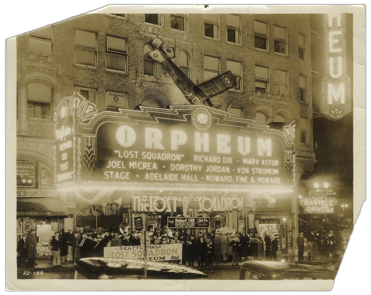 Howard, Fine & Howard 10'' x 8'' Glossy Photo From 1931 of Their ''First Vaudeville Date...in lights on Marquis'' at Seattle's RKO-Orpheum -- Loss to Upper Left & Lower Right Corners, Good Condition